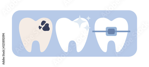 Dental icon. Teeth with problem and injuries, dental braces, cleaning. Private dentistry, orthodontic services, dental esthetic clinic. Vector flat illustration