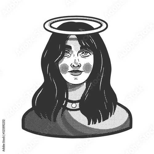 girl with halo nimbus over her head sketch engraving vector illustration. Scratch board imitation. Black and white hand drawn image.