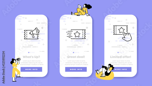 Tickets set icon. Megaphone, star, hand, buy, book a seat, paper, digital, seat, public place, entertainment, transport. Pass documents concept. UI phone app screens. Vector line icon for Business