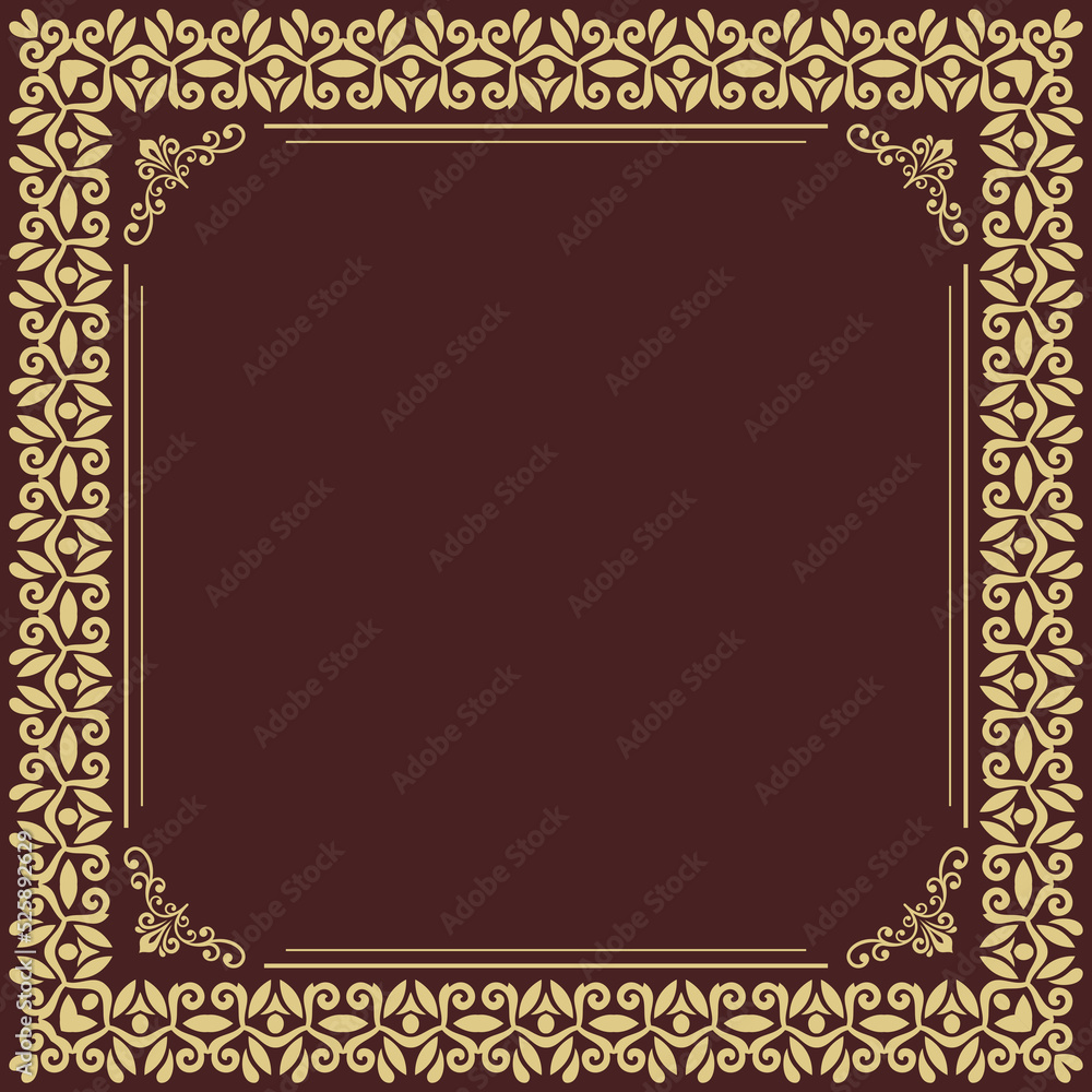 Classic square golden frame with arabesques and orient elements. Abstract ornament with place for text. Vintage pattern