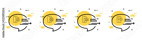 Phone apps set icon. Digital ticket, calculator, camera, navigator, view online maps, count, pass, take picture. Technology concept. Infographic timeline with icons and 4 steps. Vector line icon