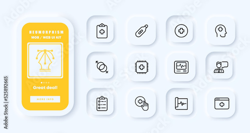 Treat patients set icon. Case history, thermometer, cross, man, woman, medical device, chip, cardiograph, doctor, prescription. Healthcare concept. Neomorphism. UI phone app screens. Vector line icon