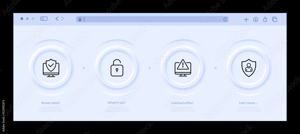Privacy protection set icon. Computer, shield, checkmark, security system notification, lock, antivirus, hacking. Personal data protection concept. Neomorphism website interface. Vector line icon Privacy protection set icon. Computer, shield, checkmark, security system notification, lock, antivirus, hacking. Personal data protection concept. Neomorphism website interface. Vector line icon
