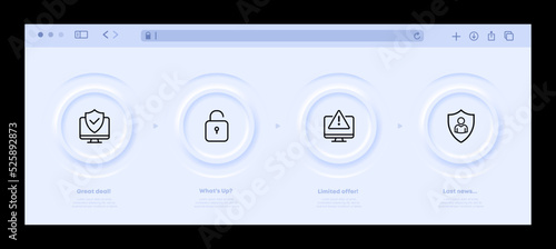 Privacy protection set icon. Computer, shield, checkmark, security system notification, lock, antivirus, hacking. Personal data protection concept. Neomorphism website interface. Vector line icon
