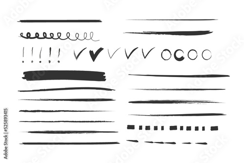 Set of artistic pen brushes.Doodles, ink brushes.Set of vector grunge brushes. Collection of strokes of markers. Set of wavy horizontal lines