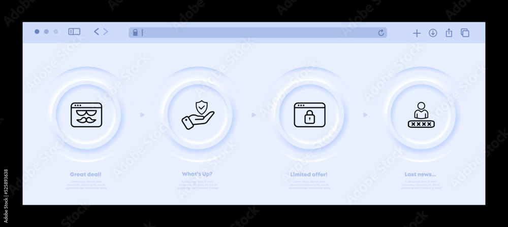 Private data protection set icon. Incognito tab, website, hand, shield, antivirus, antihacking, password, user. Privacy concept. Neomorphism website interface. Vector line icon for Advertising Private data protection set icon. Incognito tab, website, hand, shield, antivirus, antihacking, password, user. Privacy concept. Neomorphism website interface. Vector line icon for Advertising