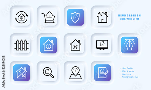Real estate set icon. Buy a house, shopping cart, shield, remote control, fence, dollar, perccent, computer, magnifier, location, agreement. Business concept. Neomorphism style. Vector line icon