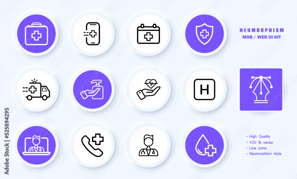 Medical treatment set icon. First aid kit, call doctor, calendar, appointment, shield, ambulance, antibacterial soap, hospital, online. Healthcare concept. Neomorphism. Vector line icon for Business