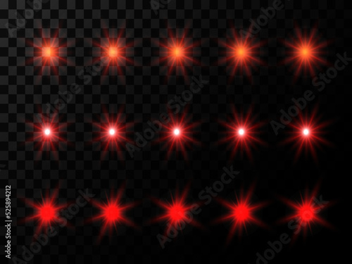 Shine light effects, vector red sparkles and glow with lens flares on transparent background. Shiny star burst and sun beams or rays with sparkles, glare flashes and glowing stripes