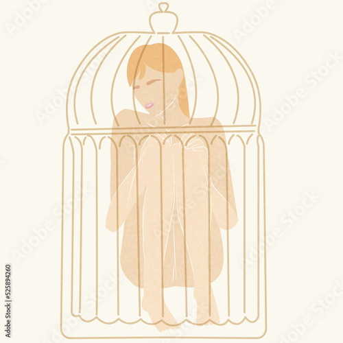 Young nacked girl in cageб prisoner, imprisonment, psychological vector illustration photo