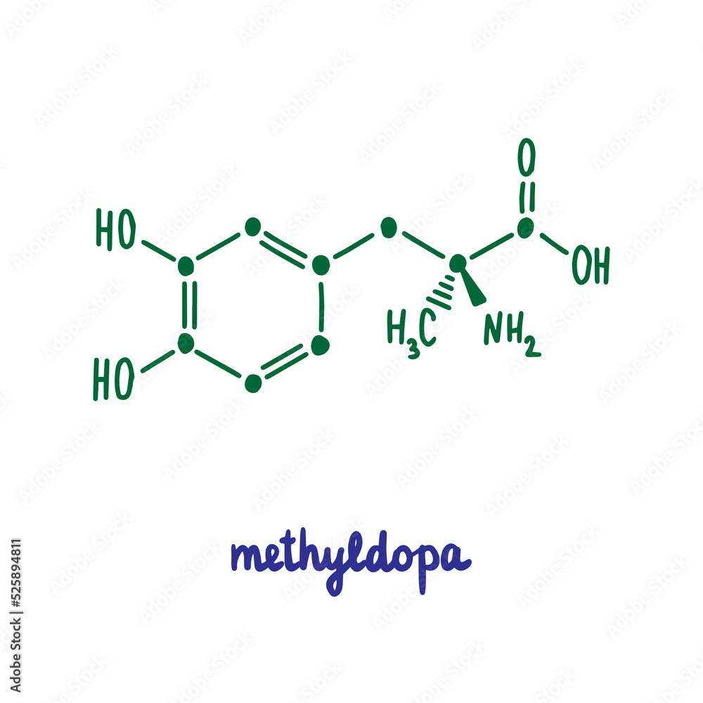 Methyldopa hand drawn vector formula chemical structure lettering blue green Methyldopa hand drawn vector formula chemical structure lettering blue green
