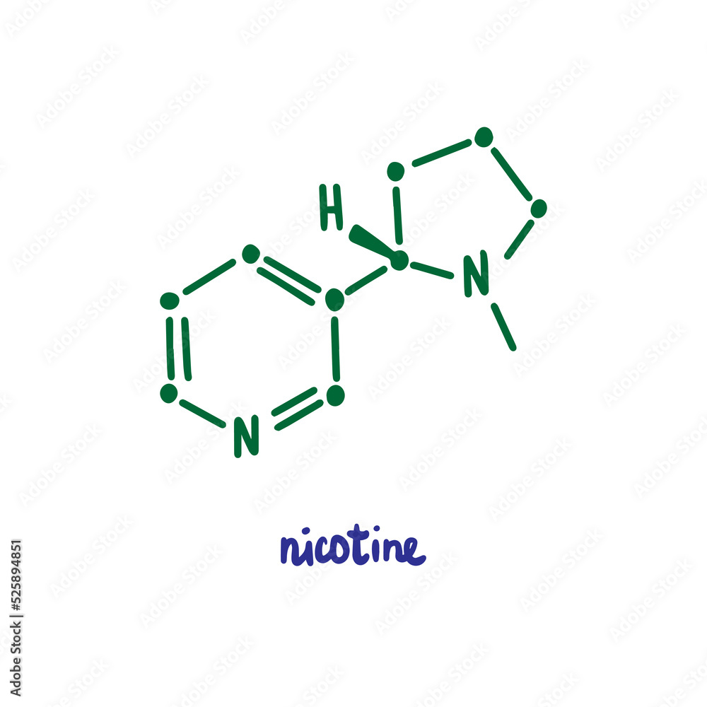 Nicotine hand drawn vector formula chemical structure lettering blue green Nicotine hand drawn vector formula chemical structure lettering blue green