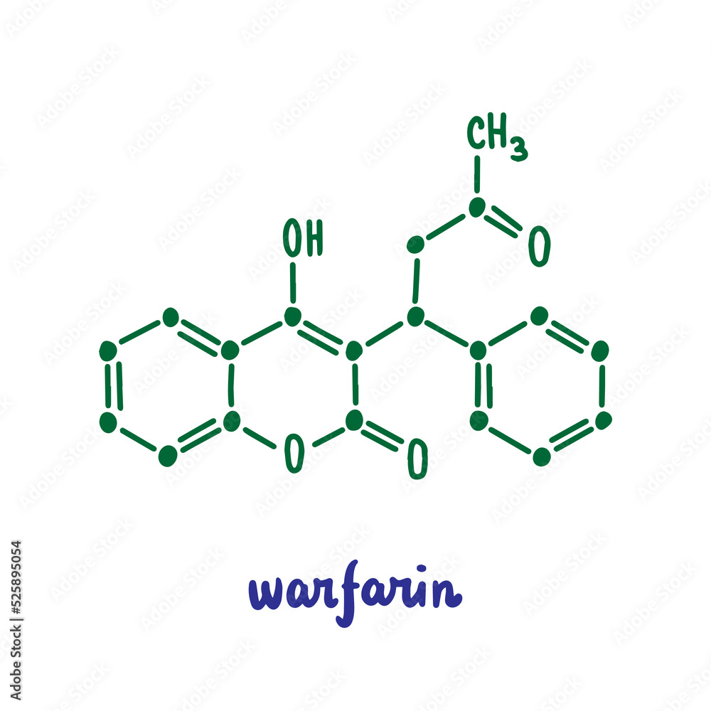 Warfarin hand drawn vector formula chemical structure lettering blue green