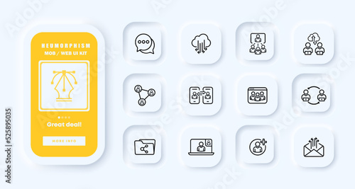 Share information set icon. Transfer, exchange, cloud storage, online conference, video call, arrows, shared folder. Business concept. Neomorphism. UI phone app screens. Vector line icon for Business