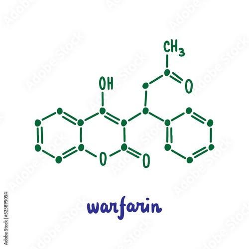 Warfarin hand drawn vector formula chemical structure lettering blue green