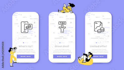Paying taxes set icon. Online payment, banking app, taxpayers, coins, up arrow, income, spendings, salary, budget. Financial management concept. UI phone app screens. Vector line icon for Business