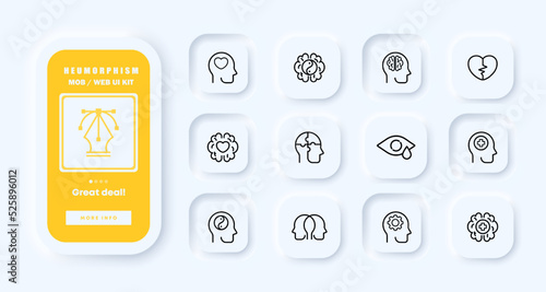 Psychotherapy set icon. Head, psychiatry, brain, Yin Yang, heart, cry, depression, anxiety disorder, bipolar, mental health. Healthcare concept. Neomorphism. UI phone app screens. Vector line icon