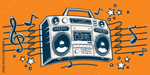 Music design - boom box tape recorder with clef and musical notes