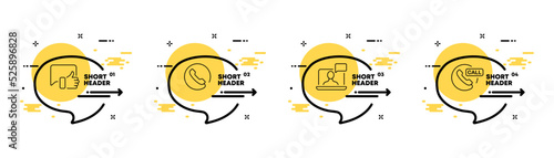 Call centre set icon. Comment, review, phone, landline, laptop, consultation, operator, support service. Hotline concept. Infographic timeline with icons and 4 steps. Vector line icon for Advertising