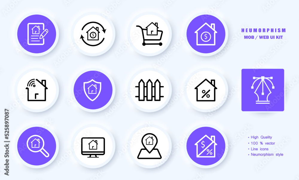 Real estate set icon. Buy, agreement, document, shopping cart, house, dollar, remote control, shield, fence, percent, magnifier, location, computer. Business concept. Neomorphism. Vector line icon