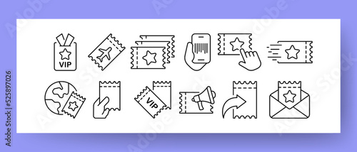 Tickets set icon. Star, VIP place, plane, phone, barcode, hand, planet, megaphone, share arrow, letter, digital, entertainment, exhibition, theatre, cinema. Pass documents concept. Vector line icon