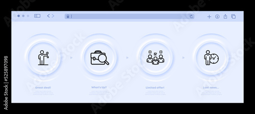 Workflow set icon. Employees, briefcase, magnifier, schedule, time, clock, teamwork, subordinates. Business concept. Neomorphism website interface. Vector line icon for Business and Advertising
