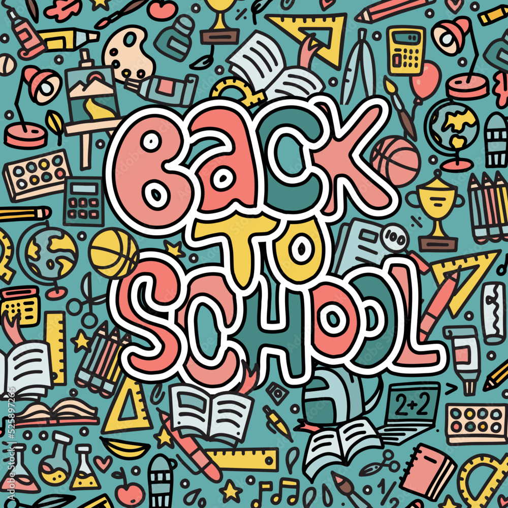 Hand drawn back to school banner with doodles and sketch style lettering and education icons, study symbols on background. Vector black linear illustration. For banners, posters, flyers.