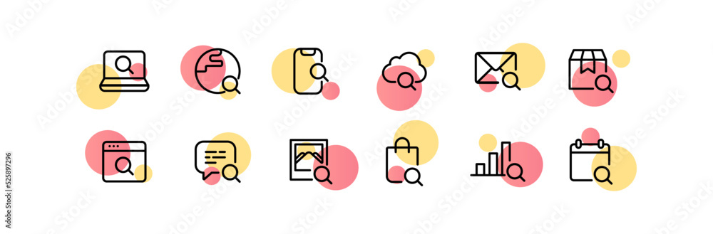 Magnifiers set icon. Research, laptop, planet, phone, cloud storage, letter, track the parcel, website, speech bubble, picture, package, bar chart, calendar, surf. Search concept. Vector line icon Magnifiers set icon. Research, laptop, planet, phone, cloud storage, letter, track the parcel, website, speech bubble, picture, package, bar chart, calendar, surf. Search concept. Vector line icon