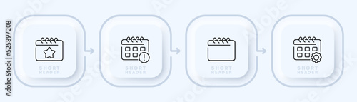 Calendars set icon. Schedule, digital, star, exclamation point, gear, planned event, appointment. Planning concept. Neomorphism style. Vector line icon for Business and Advertising
