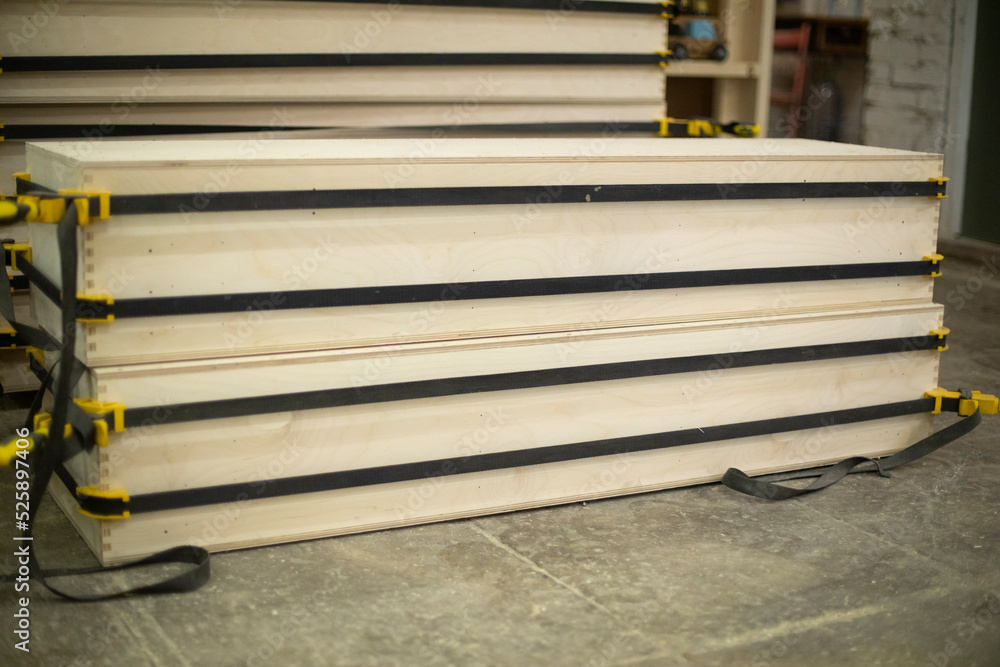 Boxes from board in workshop. Creation of wood products. Boxes from board in workshop. Creation of wood products.