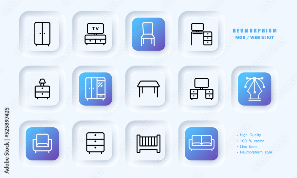 Furniture set icon. Chair, armchair, computer, bed, TV stand, desktop, wardrobe, nightstand, kitchen table, lamp, chest of drawers. Comfort concept. Neomorphism. UI phone app screens. Vector line icon
