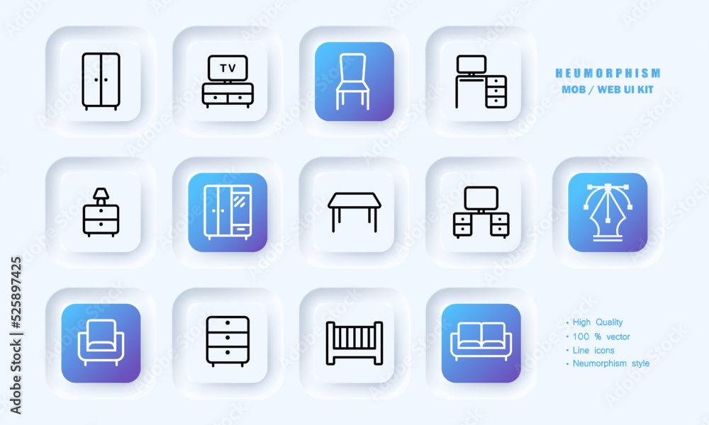 Furniture set icon. Chair, armchair, computer, bed, TV stand, desktop, wardrobe, nightstand, kitchen table, lamp, chest of drawers. Comfort concept. Neomorphism. UI phone app screens. Vector line icon Furniture set icon. Chair, armchair, computer, bed, TV stand, desktop, wardrobe, nightstand, kitchen table, lamp, chest of drawers. Comfort concept. Neomorphism. UI phone app screens. Vector line icon