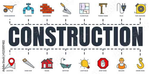 Construction banner web icon set. builder, brickwork, crane hook, wheelbarrow, tape measure, hand saw and more vector illustration concept.