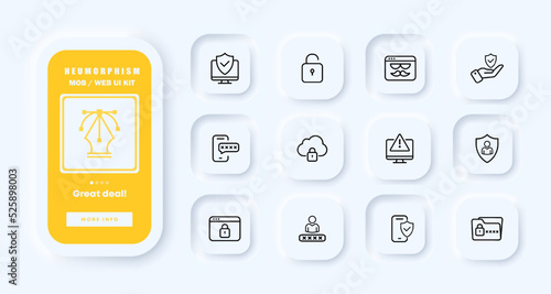 Private data protection set icon. Password, shield, lock, incognito tab, phone, computer, cloud storage, verified, tick, folder. Privacy concept. Neomorphism. UI phone app screens. Vector line icon