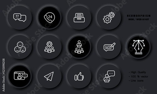 Hotline set icon. Ask a question, consultation, 24, around the clock, feedback, review, emoticons, operator, employee, comment, website, send message, like, thumbs up. Call centre concept. Neomorphism
