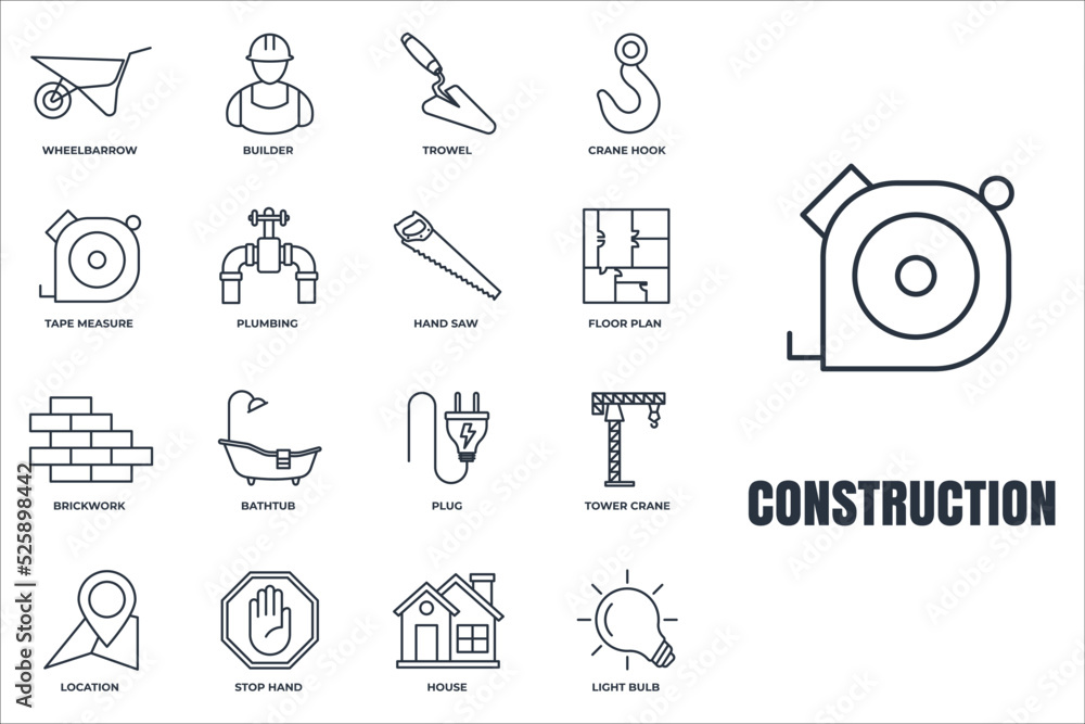 Fototapeta premium Set of Construction icon logo vector illustration. house, tower crane, builder, hand saw, plug, plumbing, bathtub and more pack symbol template for graphic and web design collection