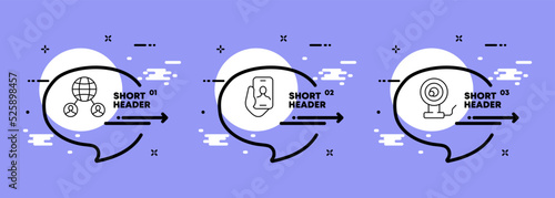 Online communication set icon. Planet, employee, phone, video camera, conference, meeting, call. Business concept. Infographic timeline with icons and 3 steps. Vector line icon for Advertising