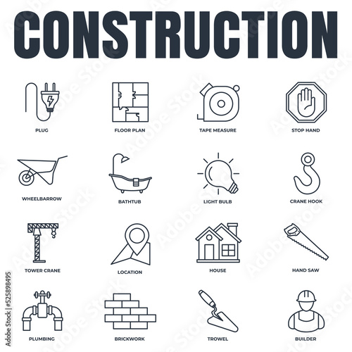 Set of Construction icon logo vector illustration. house  tower crane  builder  hand saw  plug  plumbing  bathtub and more pack symbol template for graphic and web design collection