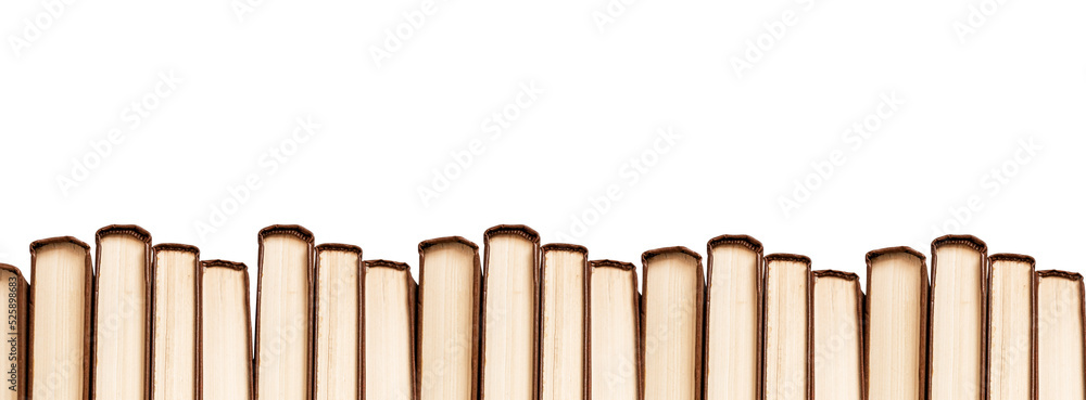 Banner with horizontal books border isolated on white background. Reading, study concept. Bookworm lifestyle. Place for text. High quality photo Banner with horizontal books border isolated on white background. Reading, study concept. Bookworm lifestyle. Place for text. High quality photo