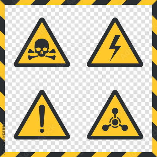 Set of hazard warning attention signs vector icon isolated on checkered background.