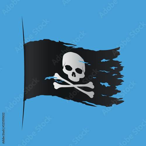 Flying pirate flag with skull and bones vector illustration.
