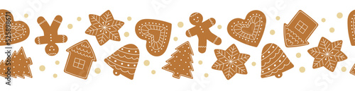 Seamless border of gingerbread cookies. Winter homemade sweets on white background