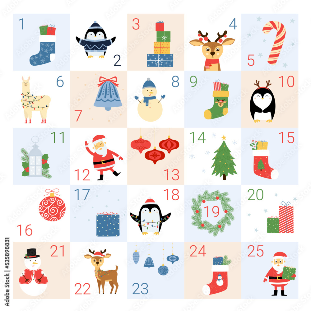 Advent calendar with 25 illustrated days. Christmas decorative elements and cute characters. Christmas countdown. Advent calendar with 25 illustrated days. Christmas decorative elements and cute characters. Christmas countdown.