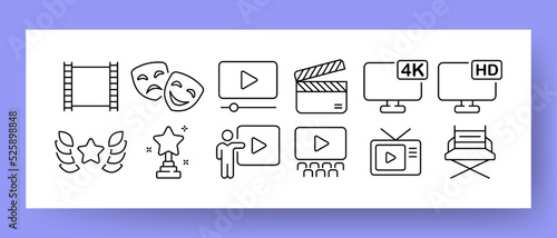 Film industry set icon. Movie, acting, actor, actress, watch series, clapperboard, HD, 4K, award, star, play button, cinema, TV, directors chair. Entertainment concept. Vector line icon for Business