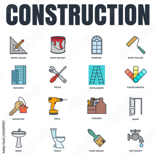 Set of Construction icon logo vector illustration. tools, toolbox, drill, door, color swatch, paint roller, paint bucket and more pack symbol template for graphic and web design collection