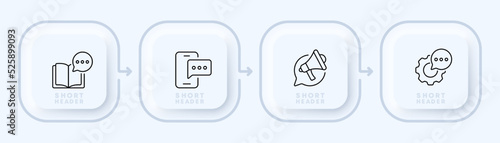 Information set icon. Speech bubble, book, phone, message, notification, megaphone, gear, settings, system. Communication concept. Neomorphism style. Vector line icon for Business and Advertising