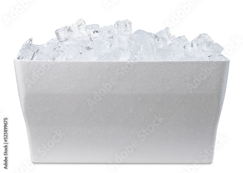 Cooler with ice. Styrofoam Cooler box. White foam plastic cooler box for ice. Take cold beer, drink, food on the beach. Fridge container for picnic. Isolated on white background with Clipping path.