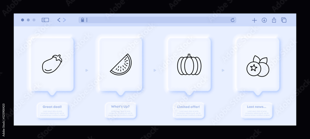 Fruits and vegetables set icon. Eggplant, watermelon, pumpkin, blueberry, berry, vegetarian, tasty, ripe, harvest. Healthy nutrition concept. Neomorphism website interface. Vector line icon Fruits and vegetables set icon. Eggplant, watermelon, pumpkin, blueberry, berry, vegetarian, tasty, ripe, harvest. Healthy nutrition concept. Neomorphism website interface. Vector line icon