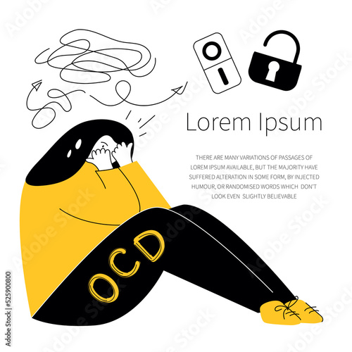 OCD symptoms, fear and intrusive thoughts of ON or OFF. Vector illustration with girl has got obsessive compulsive disorder, neurosis discomfort and panic attack.