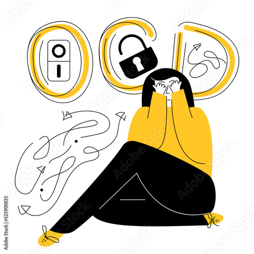 Obsessive compulsive disorder symptoms, fear and intrusive thoughts of ON or OFF, lock and letterting OCD. Vector illustration with girl has got neurosis discomfort and panic attack.